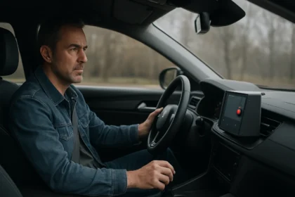 Muž riadiaci vozidlo s retardérom na palubnej doske