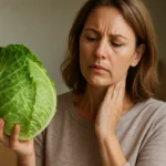 Žena skúma kapustu, znepokojená svojím hormonálnym systémom.