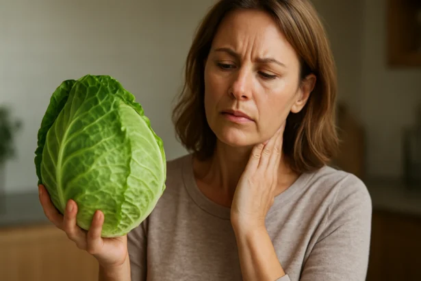 Žena skúma kapustu, znepokojená svojím hormonálnym systémom.