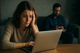 Žena vyjadrujúca frustráciu pri práci na počítači, muž v pozadí.