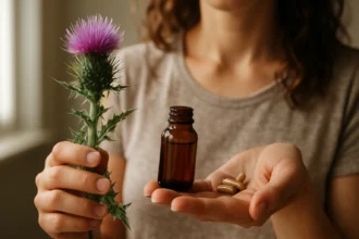 Pestrec mariánsky s otvorenou fľašou a kapsulami na zlepšenie zdravia.