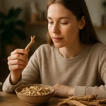 Žena skúma koreň Astragalus pre jeho zdravotné výhody.