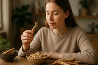 Žena skúma koreň Astragalus pre jeho zdravotné výhody.