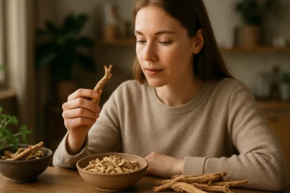 Žena skúma koreň Astragalus pre jeho zdravotné výhody.