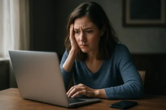 Žena s obavami hľadí na notebook v tme