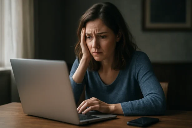 Žena s obavami hľadí na notebook v tme