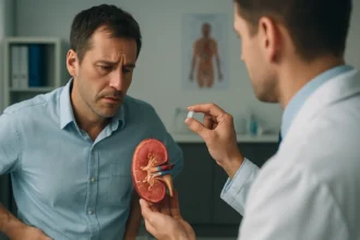 Lekár ukazuje model obličiek mužovi na vyšetrení