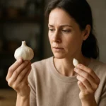 Žena skúma hlavu cesnaku a strúčik, zisťuje jeho zdravé účinky.