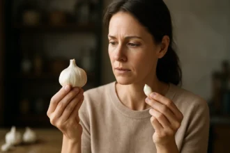 Žena skúma hlavu cesnaku a strúčik, zisťuje jeho zdravé účinky.