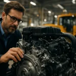 Mechanik kontroluje OHV motor v automobilovom priemysle.