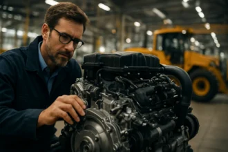 Mechanik kontroluje OHV motor v automobilovom priemysle.