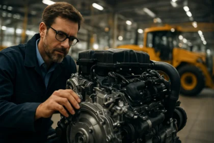 Mechanik kontroluje OHV motor v automobilovom priemysle.