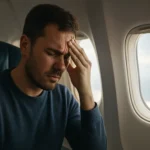 Muž trpiaci bolesťou hlavy počas letu v lietadle.