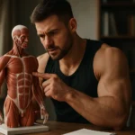 Muž skúma anatomický model svalového systému pri stole.