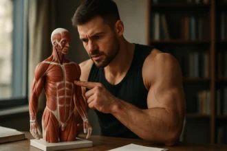 Muž skúma anatomický model svalového systému pri stole.