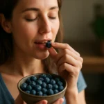 Žena si vychutnáva čučoriedky z misy, zdravý elixír pre pohodu.
