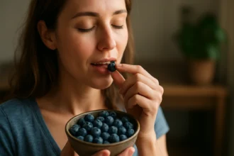 Žena si vychutnáva čučoriedky z misy, zdravý elixír pre pohodu.