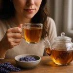 Žena vychutnáva levanduľový čaj s čajníkom a sušenou levanduľou.