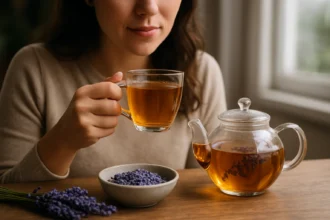 Žena vychutnáva levanduľový čaj s čajníkom a sušenou levanduľou.