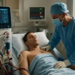 Lekár starostlivo monitoruje pacienta na ECMO prístroji.