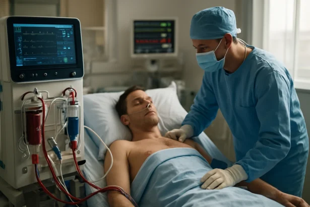 Lekár starostlivo monitoruje pacienta na ECMO prístroji.