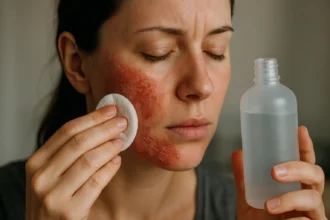 Žena s podráždenou pokožkou tváre aplikuje čistiaci prostriedok.