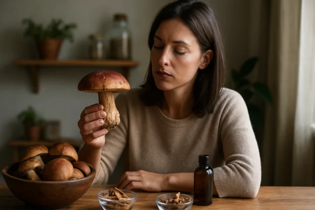 Žena skúma diabolský hríb pri varení s bylinkami a olejom
