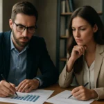 Dva profesionáli analyzujú grafy a ekonomické údaje.