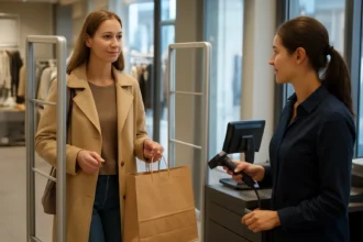 Zákazník prechádza cez ochranné brány v obchode.