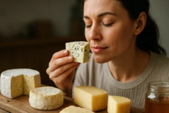 Žena vychutnáva plesnivý syr s úsmevom, vedľa ďalších syrov.
