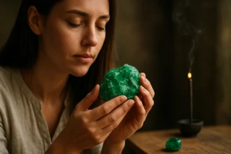 Žena drži smaragd, vyžarujúci liečivé sily a duchovný význam.