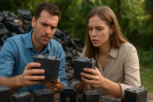 Dvojica ľudí skúma staré batérie a ich ekologickú stopu.