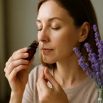 Žena inhaluje levanduľový olej pre upokojenie a pohodu.
