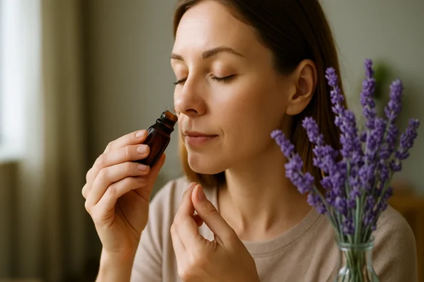 Žena inhaluje levanduľový olej pre upokojenie a pohodu.