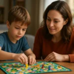 Matka hrá s dieťaťom stolovú hru na rozvoj kognitívnych schopností.