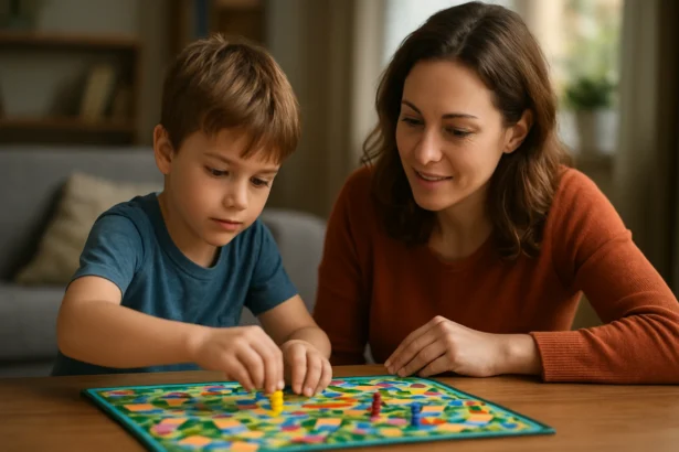 Matka hrá s dieťaťom stolovú hru na rozvoj kognitívnych schopností.