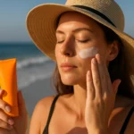 Žena nanášajúca opaľovací krém na tvár na pláži