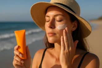 Žena nanášajúca opaľovací krém na tvár na pláži