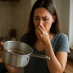 Žena s hliníkovým hrncom, ktorý vyzerá špinavo a znečistene.