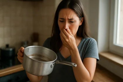 Žena s hliníkovým hrncom, ktorý vyzerá špinavo a znečistene.