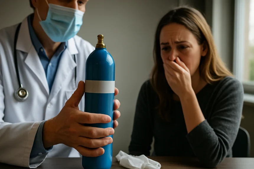 Lekár ukazuje modrý kyslíkový balónik, žena prejavuje obavy