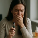 Žena s elektronickou cigaretou vyjadruje obavy o svoje zdravie.