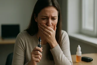 Žena s elektronickou cigaretou vyjadruje obavy o svoje zdravie.