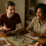 Skupina hráčov pozorného rozprávania pri hre RPG.