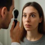 Očný lekár vyšetruje zrenice pacientky pomocou oftalmoskopu.