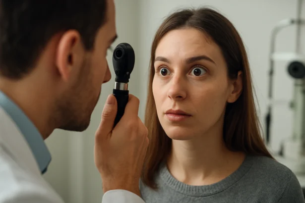 Očný lekár vyšetruje zrenice pacientky pomocou oftalmoskopu.