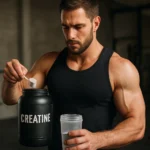 Muž mieša kreatín v športovej telocvični na zlepšenie výkonu.