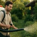 Muž s motorovým chrbtovým postrekovačom strieka rastliny v záhrade.