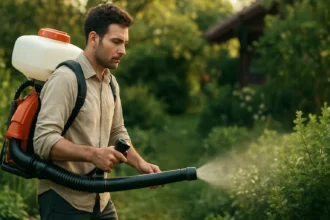Muž s motorovým chrbtovým postrekovačom strieka rastliny v záhrade.