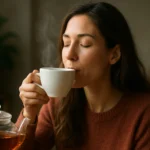 Žena vychutnáva teplý čaj a povzbudzuje tým svoje telo a myseľ.